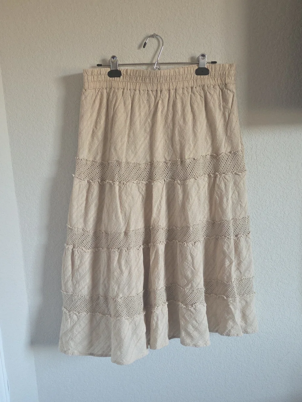Krazy Kat XL Boho Tiered Maxi Skirt Cream Lace Crochet Panel Skirt
